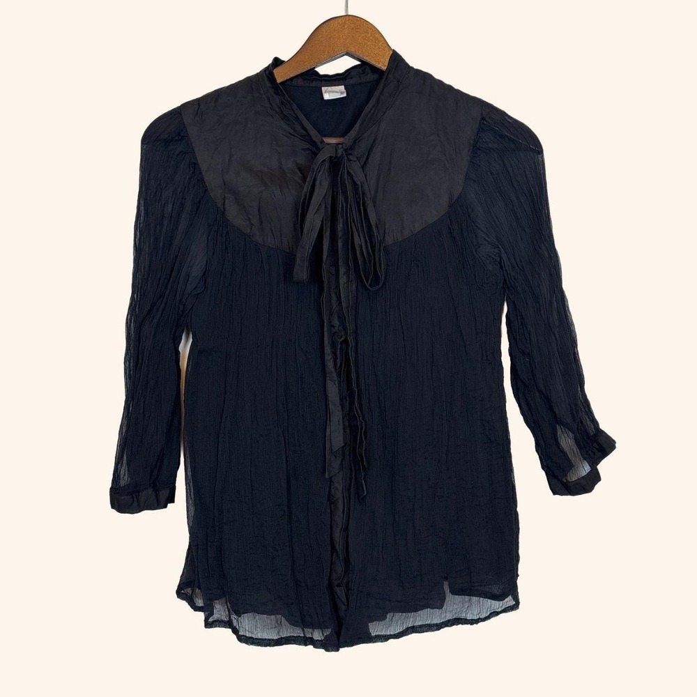 Vintage Black Silk Sheer Tie-Neck Blouse